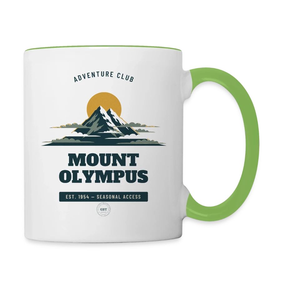 Mount Olympus badge on a contrasting mug, white/green gecko