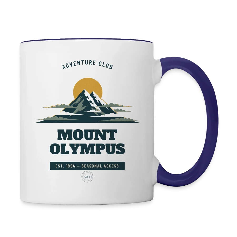 Mount Olympus badge on a contrasting mug, white/cobalt blue