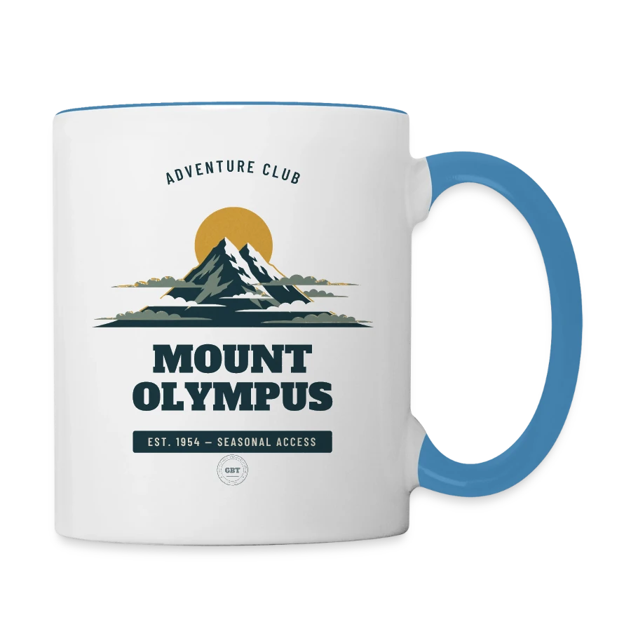 Mount Olympus badge on a contrasting mug, white/light blue