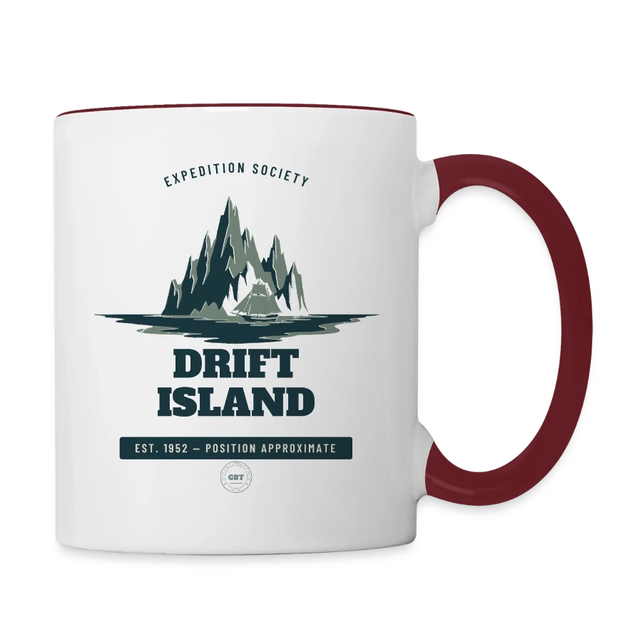 Drift Island badge on a contrasting mug, white/maroon