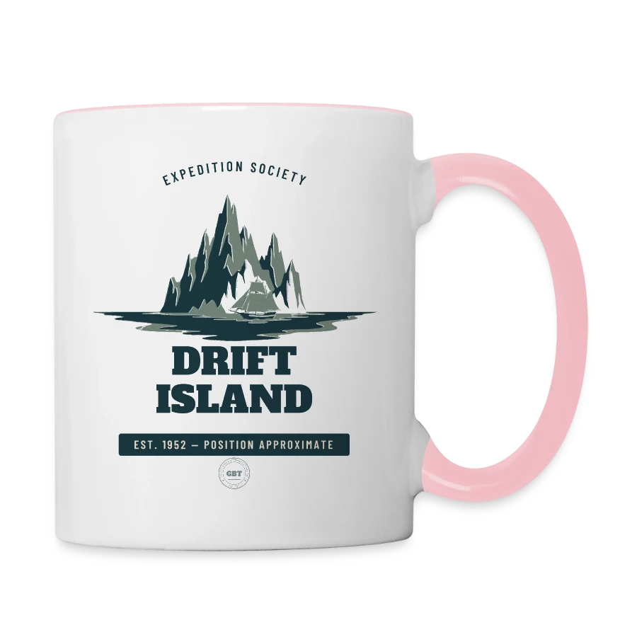Drift Island badge on a contrasting mug, white/pink