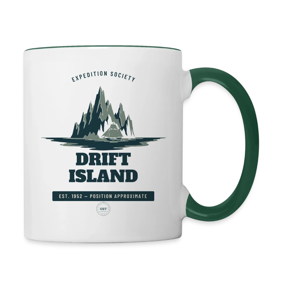 Drift Island badge on a contrasting mug, white/dark green