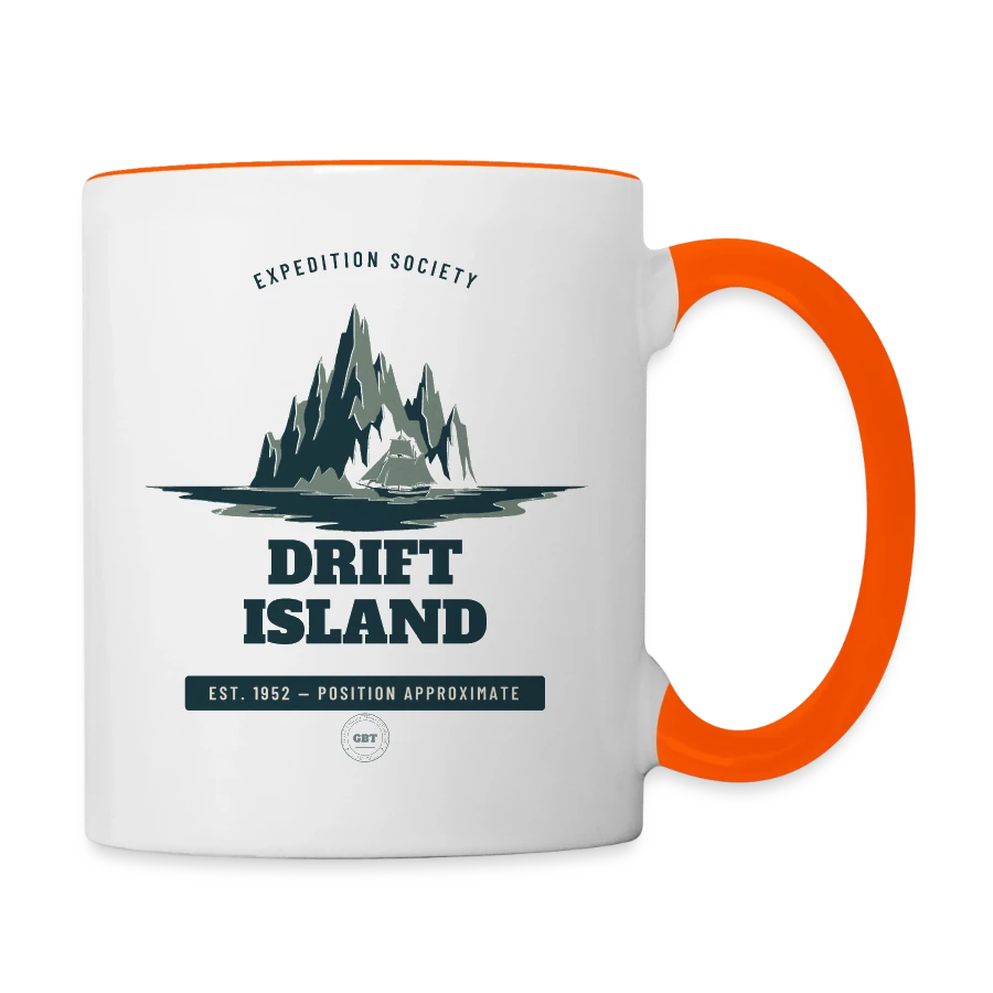 Drift Island badge on a contrasting mug, white/orange