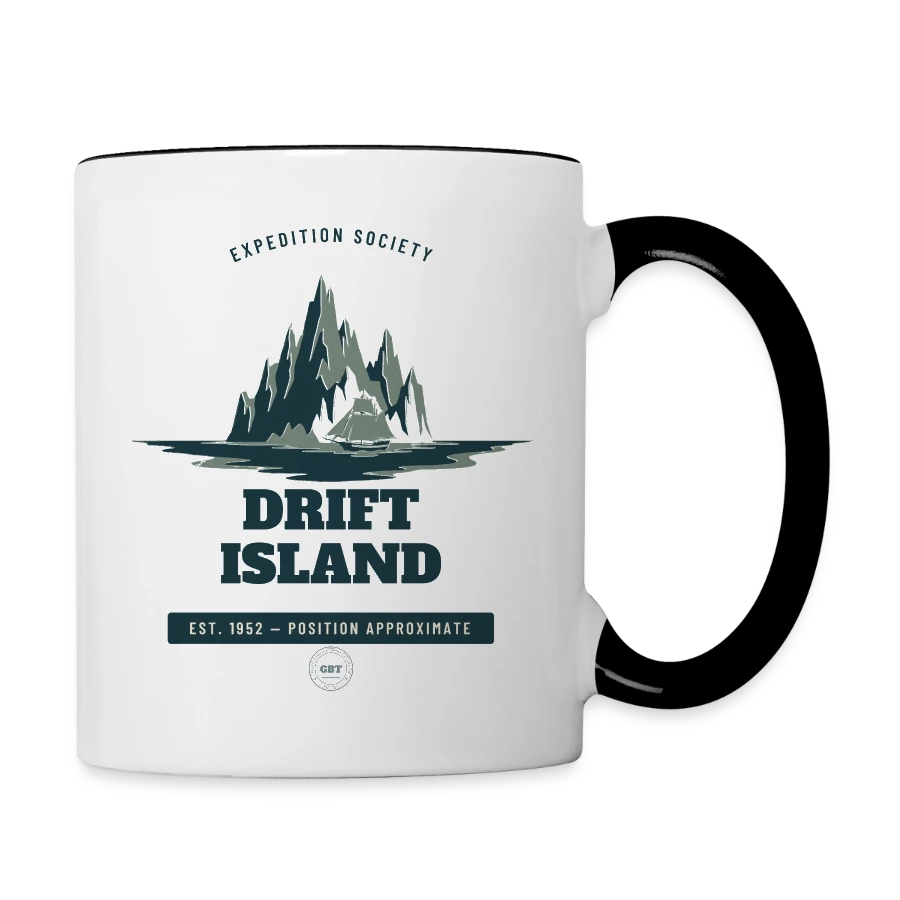 Drift Island badge on a contrasting mug, white/black, right