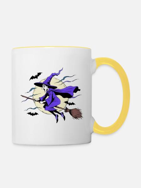 Hexe auf Besen - Tasse zweifarbig - Weiß/Gelb