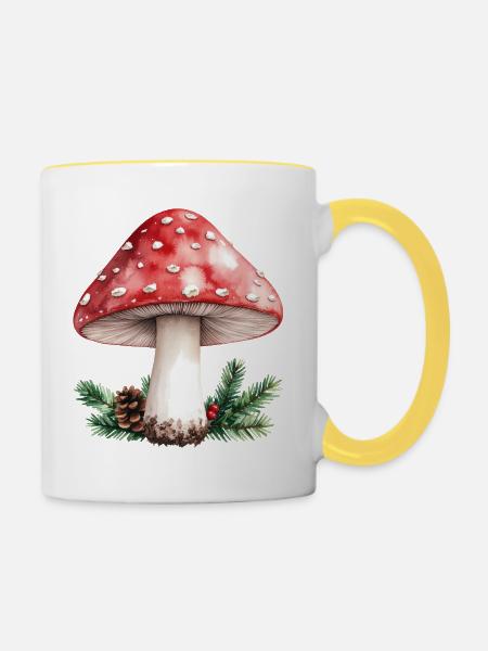 Roter Paddelpilz-Aquarell-Wald-Pilzzapfen - Tasse zweifarbig - Weiß/Gelb