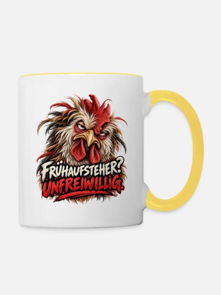 Frühaufsteher Unfreiwillig - Genervter Hahn - Tasse zweifarbig - Weiß/Gelb