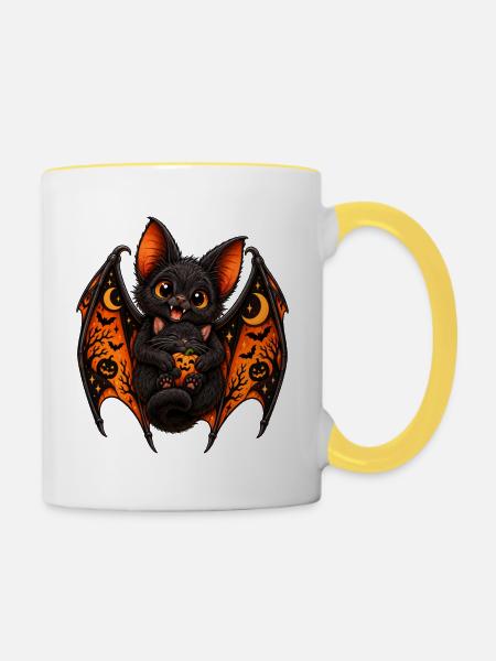 Süße Fledermaus & schwarze Katze – Halloween - Tasse zweifarbig - Weiß/Gelb