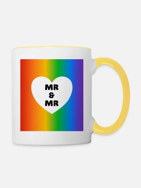 Gleichgeschlechtliche Ehe: Zwei Ehemänner Rainbow - Tasse zweifarbig - Weiß/Gelb