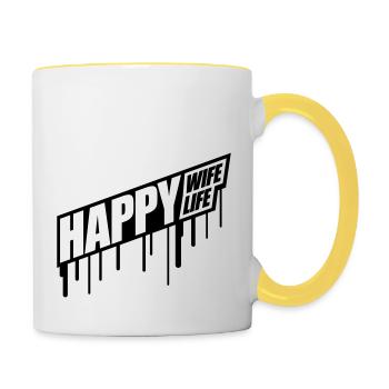 graffiti gouttes happy wife life femme gluecklic - Mug contrasté - blanc/jaune - Droite