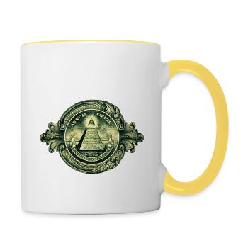 Allsehendes Auge, Pyramide, Dollar, Gott, Horus - Tasse zweifarbig - Weiß/Gelb - Rechts