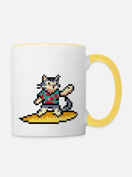 Surfkatze, Pixelkunst - Tasse zweifarbig - Weiß/Gelb