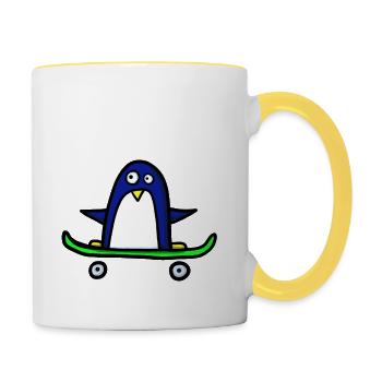 Pinguin fährt Skateboard - Tasse zweifarbig - Weiß/Gelb - Rechts