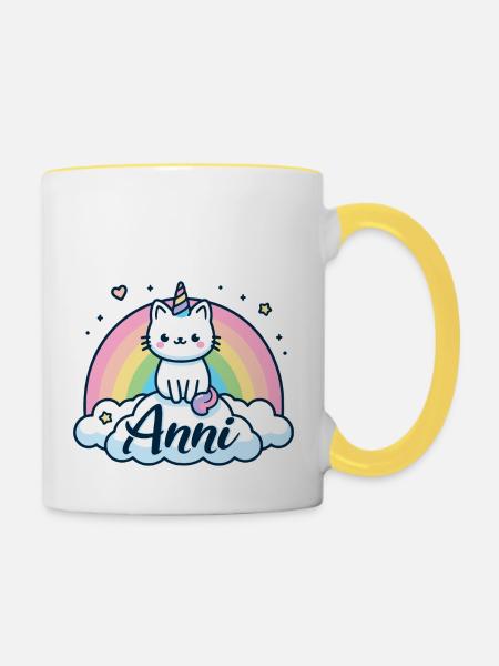 Anni Last name First name Unicorn cat - Contrasting Mug - white/yellow