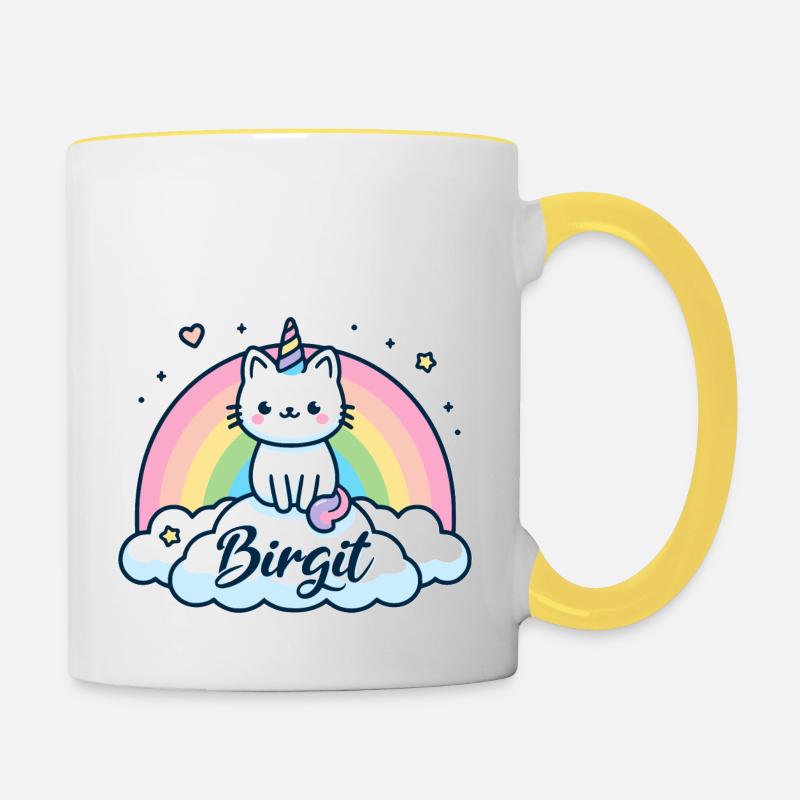 Birgit Name Vorname Einhornkatze - Tasse zweifarbig - Weiß/Gelb