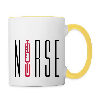 nurse doctor text stechen spritze blut arzt abhoer - Tasse zweifarbig - Weiß/Gelb - Rechts