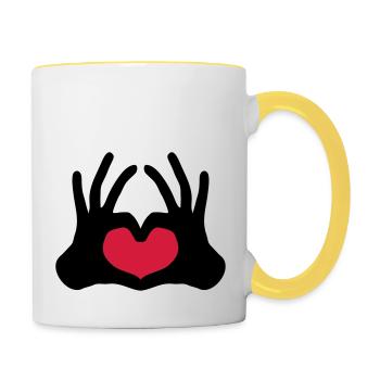 form outlined 2 hands pair of team hand signs half - Contrasting Mug - white/yellow - Right
