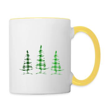 Merry Christmas, Weihnachtsbäume, kariert in grün - Tasse zweifarbig - Weiß/Gelb - Rechts