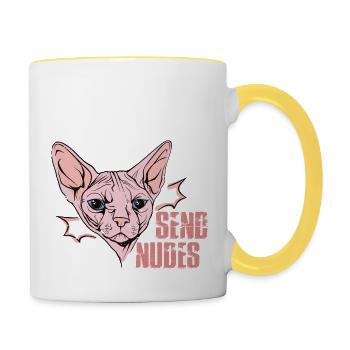Send Nudes Funny Joke Sphynx Cat Design - Contrasting Mug - white/yellow - Right