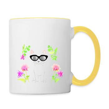 Katze mit blume - Tasse zweifarbig - Weiß/Gelb - Rechts