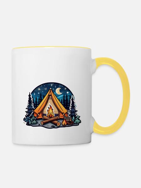 Camping, Zelt und Lagerfeuer - Tasse zweifarbig - Weiß/Gelb