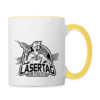 Retro Lasertag Never to old to Tag - Tasse zweifarbig - Weiß/Gelb - Rechts
