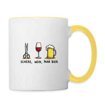 Ciseaux, vin, couple, bière, drôle, jeu de mots de fête - Mug contrasté - blanc/jaune - Droite