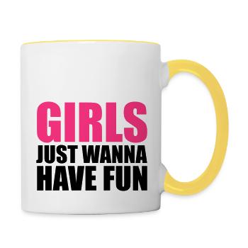 schrift cool design logo girls just wanna have fun - Tasse zweifarbig - Weiß/Gelb - Rechts
