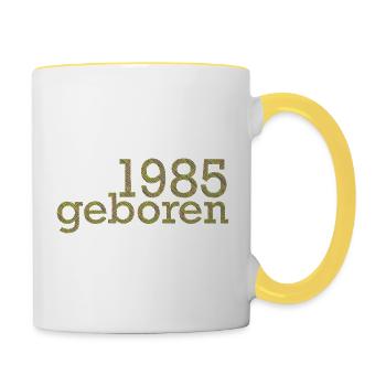 Jahrgang 1985 geboren - Tasse zweifarbig - Weiß/Gelb - Rechts