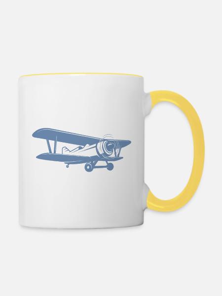 Doppeldecker Pilot Retro Minimalistisch - Tasse zweifarbig - Weiß/Gelb