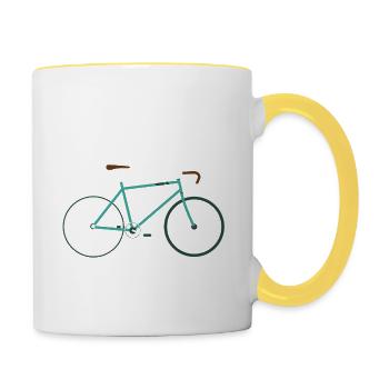 Ein schnelles Rennrad in grün, retro, Vintage - Tasse zweifarbig - Weiß/Gelb - Rechts
