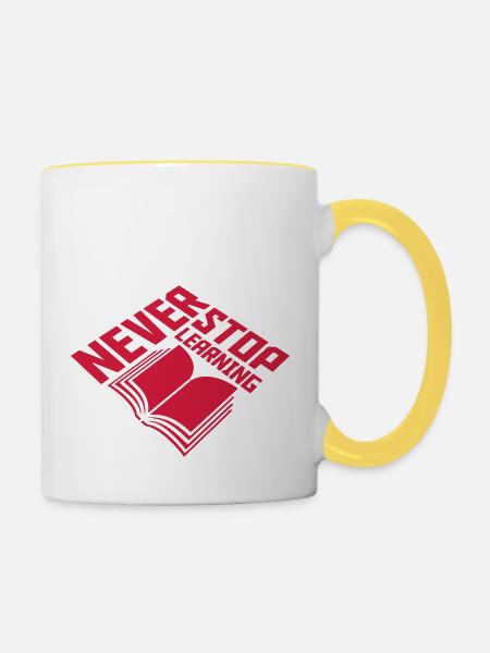 never stop learning Zitat - Tasse zweifarbig - Weiß/Gelb