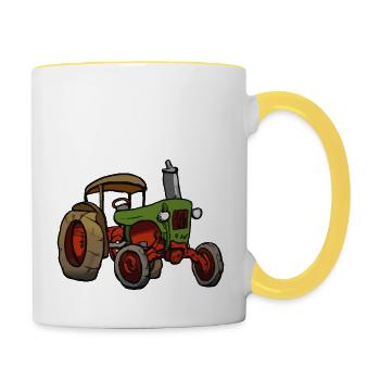 Alter Traktor Oldtimer Cartoon Geschenkidee - Tasse zweifarbig - Weiß/Gelb - Rechts