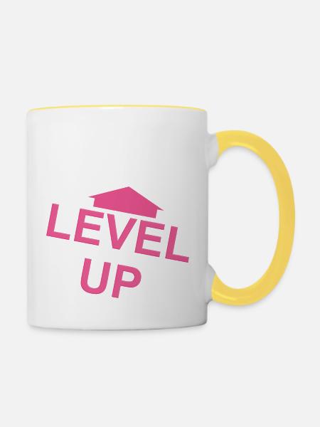 Rosa Pfeil zum Levelaufstieg - Tasse zweifarbig - Weiß/Gelb