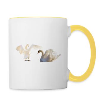 Schwäne mit geöffnete Flügel, Schwimmen, Natürlich - Tasse zweifarbig - Weiß/Gelb - Rechts