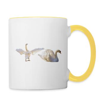 Schwäne mit geöffnete Flügel, Schwimmen, Natürlich - Tasse zweifarbig - Weiß/Gelb - Rechts