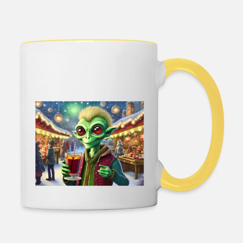 extraterrestre boit du vin chaud à Noël - Mug contrasté - blanc/jaune