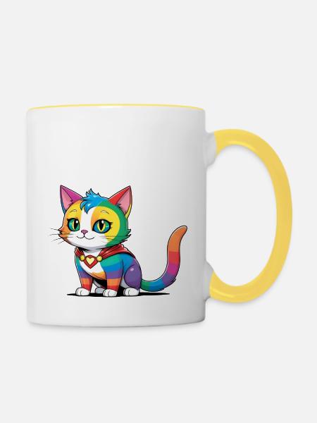 Superhelden LGBT Regenbogen Katze - Tasse zweifarbig - Weiß/Gelb