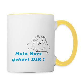 Hände formen ein Herz. Mein Herz gehört DIR ! - Tasse zweifarbig - Weiß/Gelb - Rechts