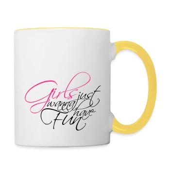 serifen cool design logo girls just wanna have fun - Tasse zweifarbig - Weiß/Gelb - Rechts