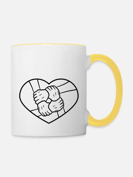liebe herz symbol 4 freunde haende halten team cre - Tasse zweifarbig - Weiß/Gelb