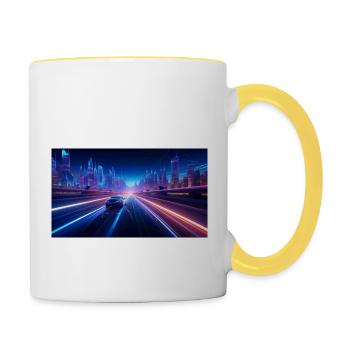 Neon Pulse: A futuristic car at Autoba - Contrasting Mug - white/yellow - Right
