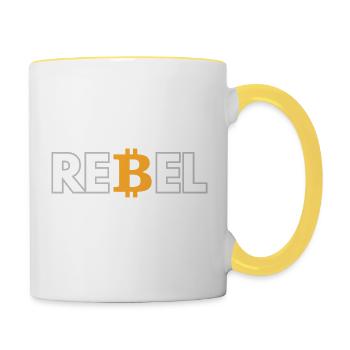 T-Shirt für Bitcoin-Enthusiasten - Tasse zweifarbig - Weiß/Gelb - Rechts