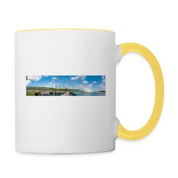 Die Skyline von Niagara City und das Panorama der Niagarafälle - Tasse zweifarbig - Weiß/Gelb - Rechts
