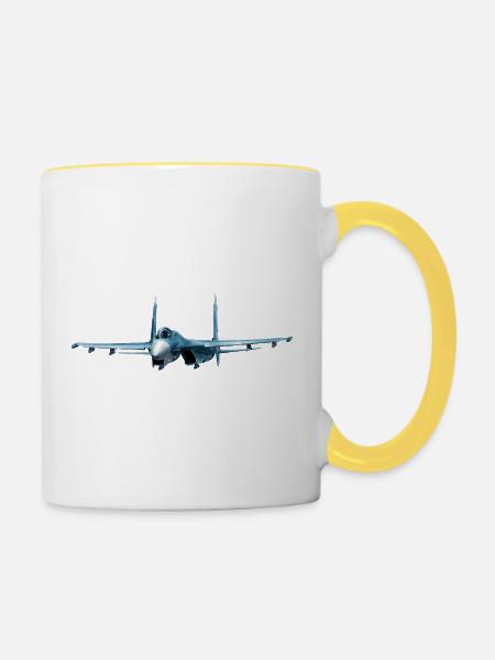 Blaues Kampfflugzeug-Design - Tasse zweifarbig - Weiß/Gelb