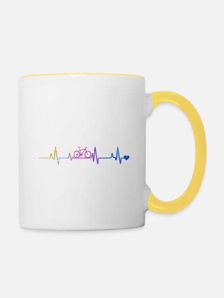 Fahrrad-Herzschlag im Regenbogen - Tasse zweifarbig - Weiß/Gelb