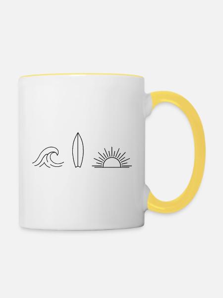 Welle Surfbrett Sonne - Tasse zweifarbig - Weiß/Gelb