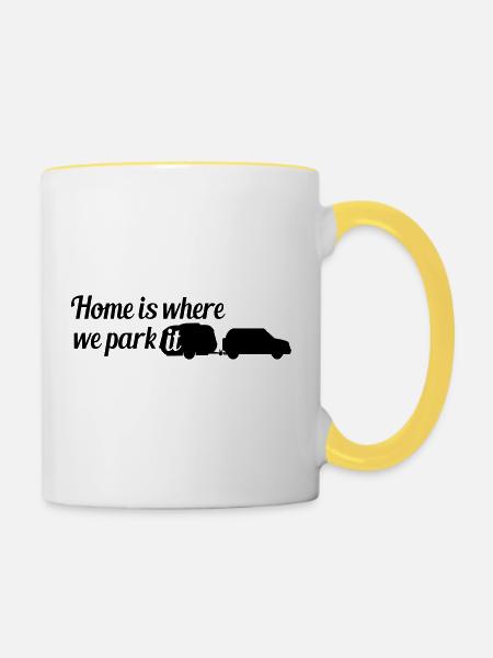 home is where we park it familie leben zuhause woh - Tasse zweifarbig - Weiß/Gelb