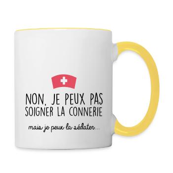 Soigner la con*erie, la sédater. Cadeau infirmiere - Mug contrasté - blanc/jaune - Droite