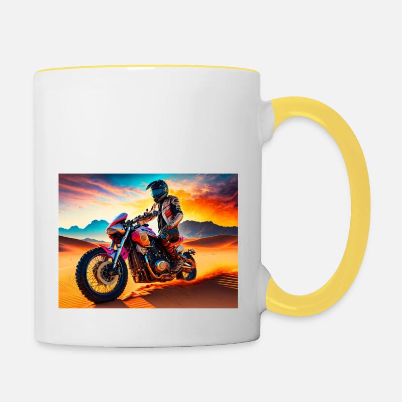 Motorcycle Motocross in Desert at Sunset - Contrasting Mug - white/yellow